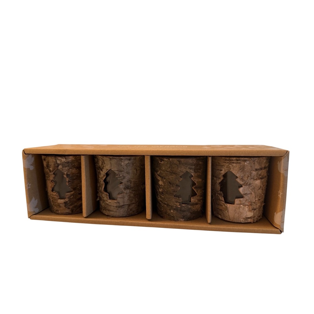 Tis The Season Set of 4 Birch Bark Votive Holders Christmas Tree Cutout Rustic